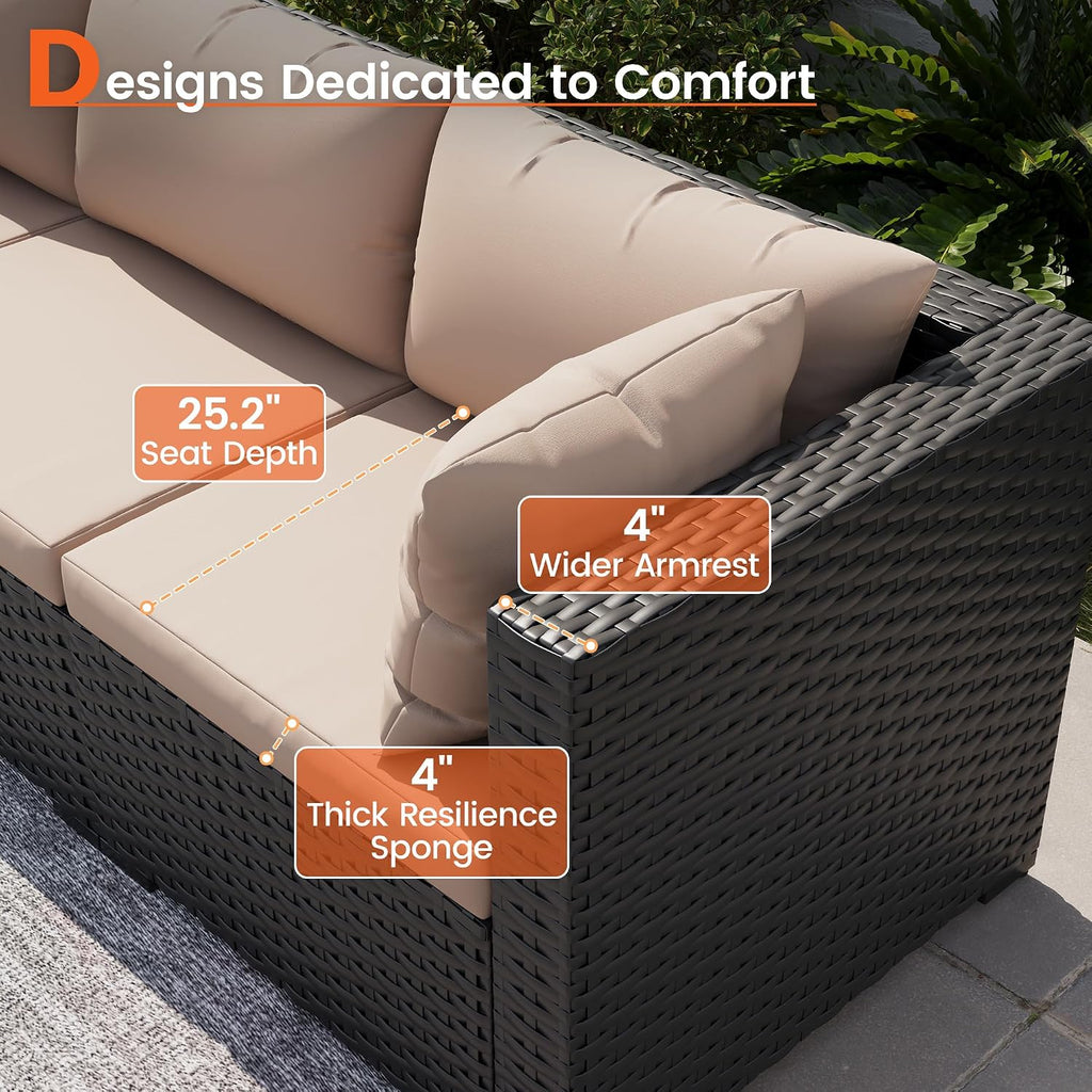 8 Piece Patio Furniture Set with 43' Fire Pit Table, Outdoor Sectional Wicker Rattan Sofa Set with Coffee Table (Beige/Black)
