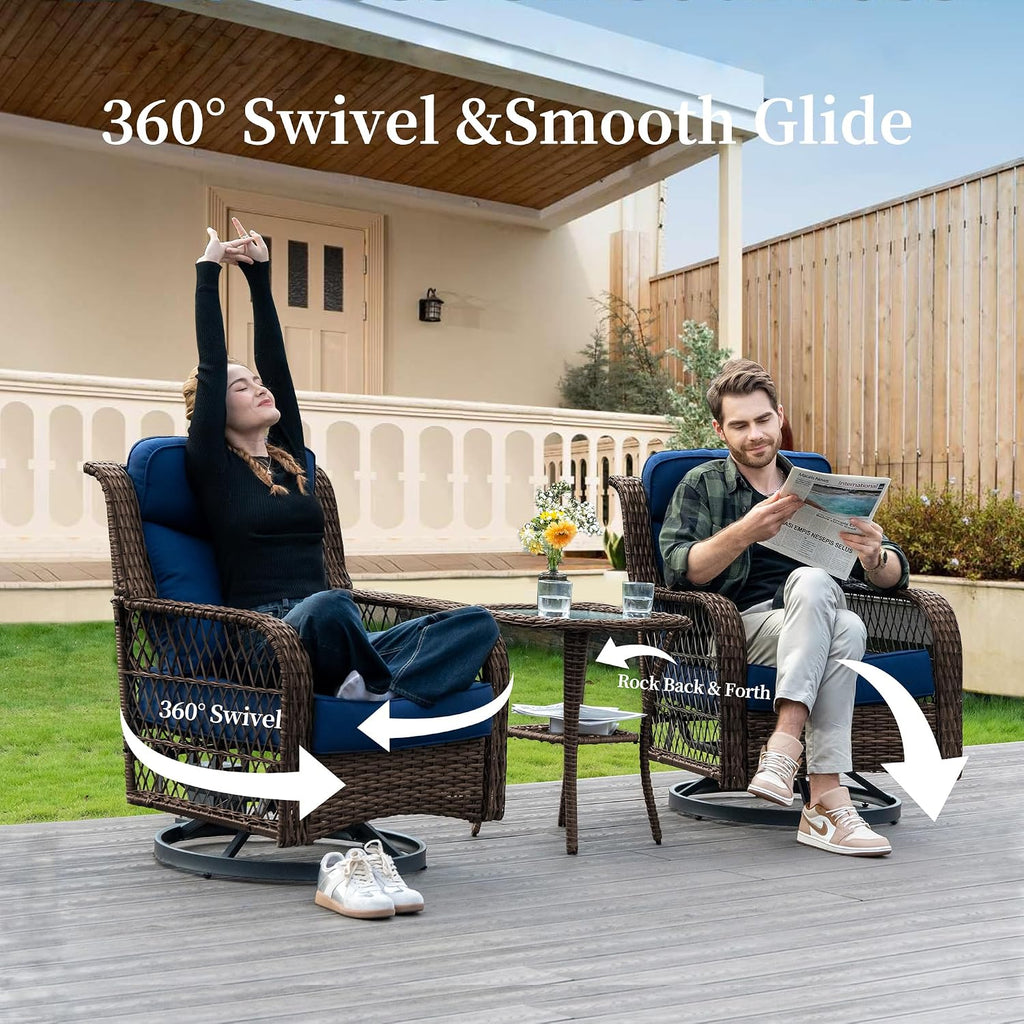 PIZZELLO 4 Pieces Patio Furniture Set w/ 5' Cushions and 25' Full Support Back, Outdoor Loveseat Couch, Swivel Rocker Patio Chairs and Side Table, Wicker Sectional Conversation Set for Backyard