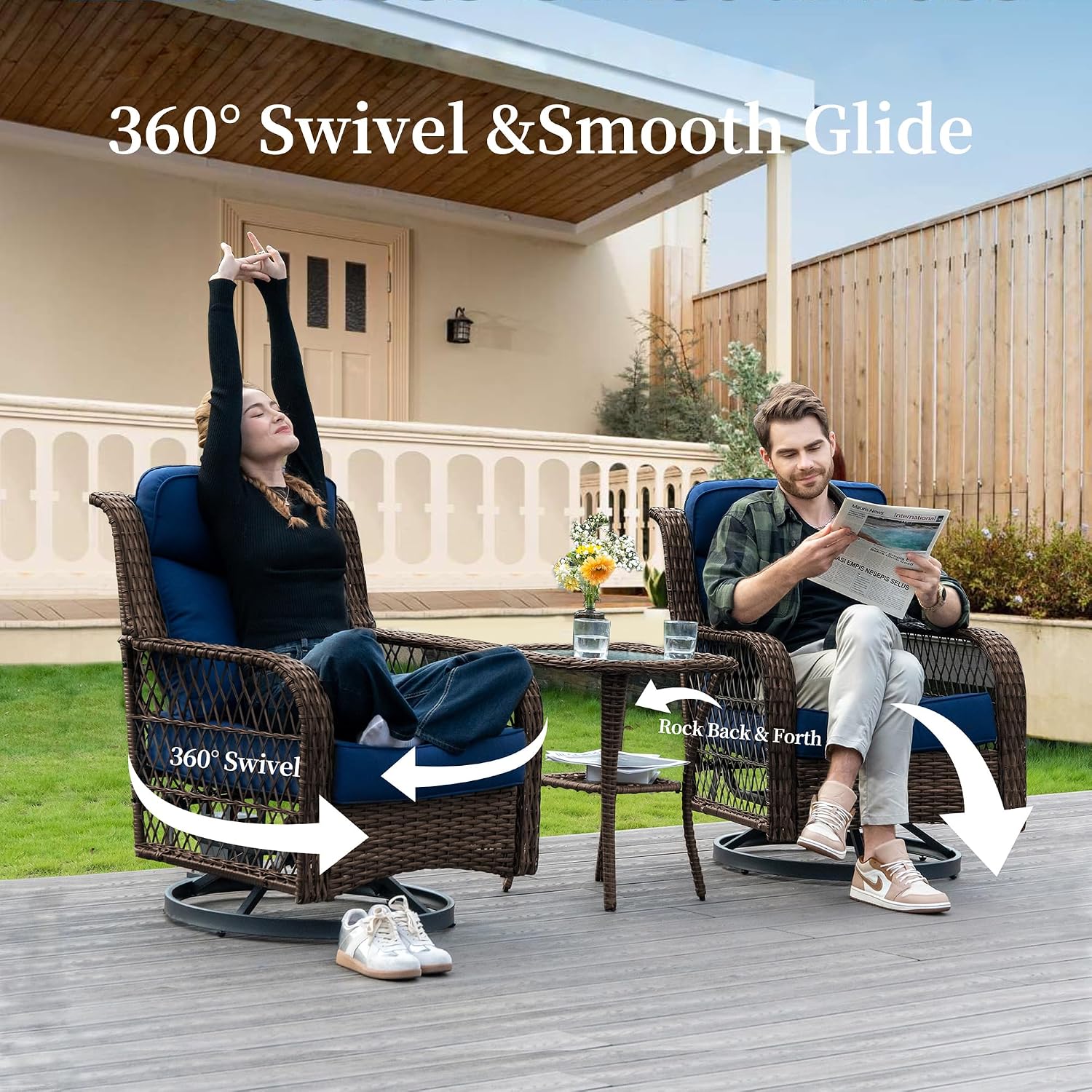 PIZZELLO 4 Pieces Patio Furniture Set w/ 5' Cushions and 25' Full Support Back, Outdoor Loveseat Couch, Swivel Rocker Patio Chairs and Side Table, Wicker Sectional Conversation Set for Backyard