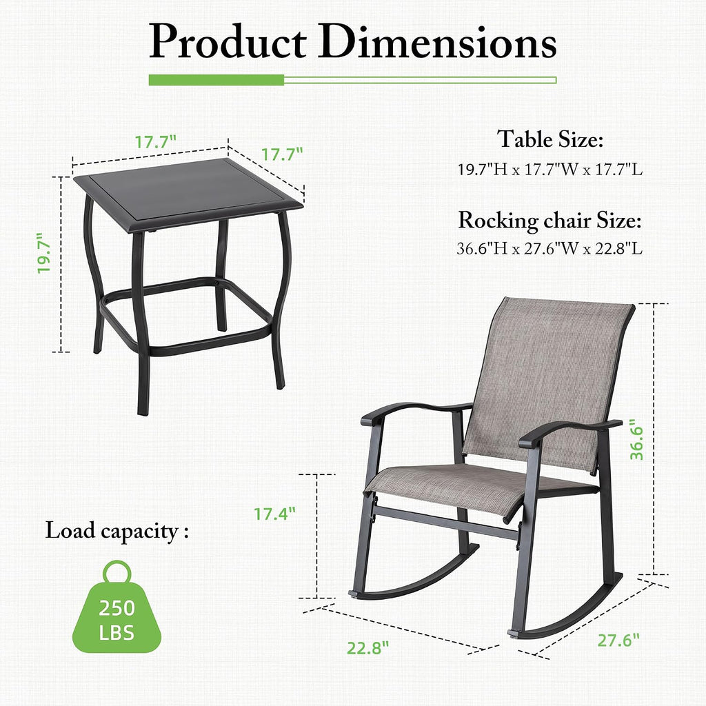 Shintenchi 3 Piece Rocking Bistro Set, Outdoor Furniture with Rocker Chairs and Glass Coffee Table Balcony, Porch Furniture for Small Space, Gray