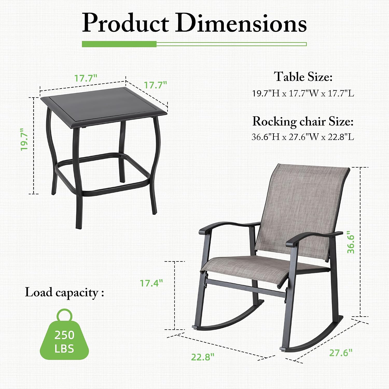 Shintenchi 3 Piece Rocking Bistro Set, Outdoor Furniture with Rocker Chairs and Glass Coffee Table Balcony, Porch Furniture for Small Space, Gray
