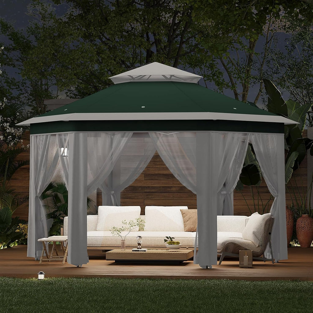 13'X13' Pop Up Gazebo,Patio Portable Gazebos with Mosquito Netting,Double-Layer Outdoor Canopy Tent,Hexagonal Pavilion for Garden Backyard Lawn & Deck,Heavy Duty Party