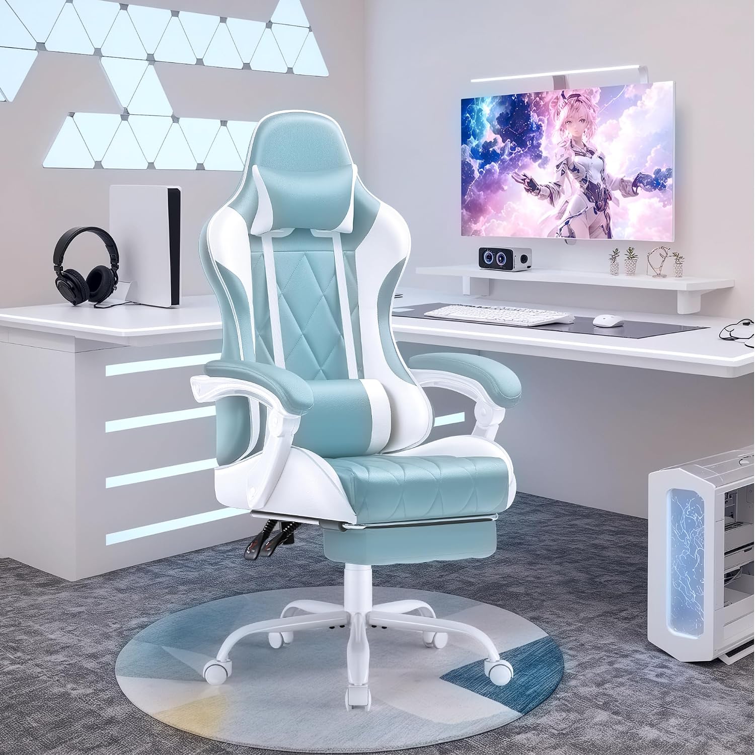 Shahoo Gaming Chair with Footrest and Massage Lumbar Support, Ergonomic Office Computer Seat Height Adjustable with Headrest, Light Blue