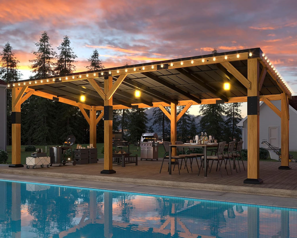 Jocisland 12x24x8.2 FT Cedar Wood Carport for 2 Cars, Heavy Duty Canopy Carport with Sloped Galvanized Steel Roof for All Weather, Permanent Shelter for Full-Sized Pickup Truck, Boat & Tractor