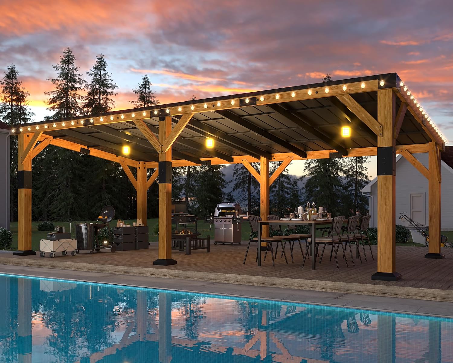 Jocisland 12x24x8.2 FT Cedar Wood Carport for 2 Cars, Heavy Duty Canopy Carport with Sloped Galvanized Steel Roof for All Weather, Permanent Shelter for Full-Sized Pickup Truck, Boat & Tractor