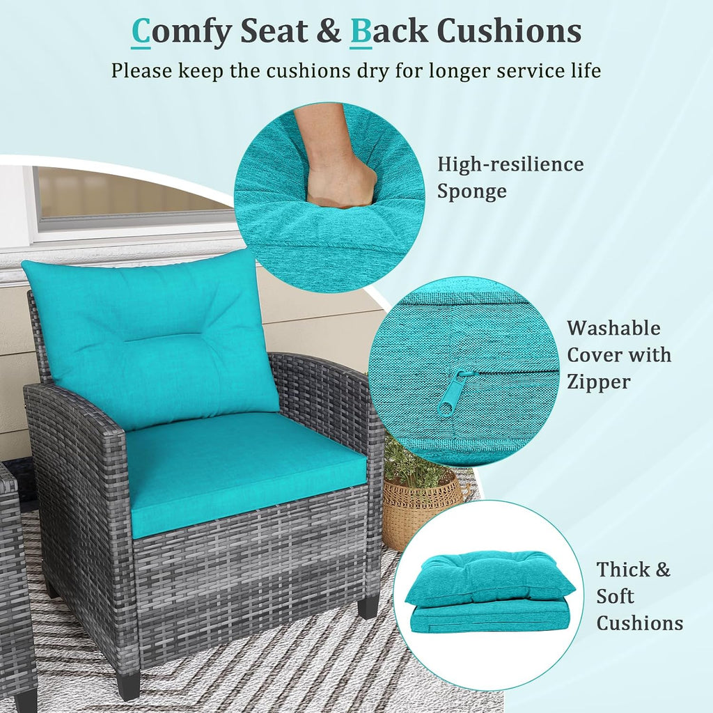 KOTEK 3 Piece Patio Furniture Set, Outdoor PE Rattan Conversation Set with Washable Cushions & Tempered Glass Tabletop, Wicker Chairs and Table Set for Porch, Garden, Balcony (Turquoise)