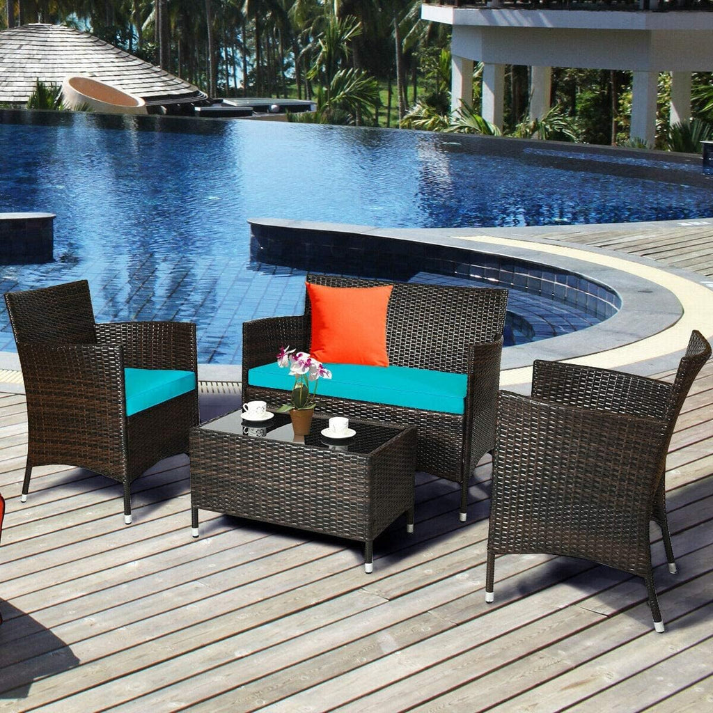 HAPPYGRILL 4-Piece Patio Furniture Set Rattan Wicker Conversation Set with Cushioned Sofa and Coffee Table for Outdoor Backyard Garden Poolside