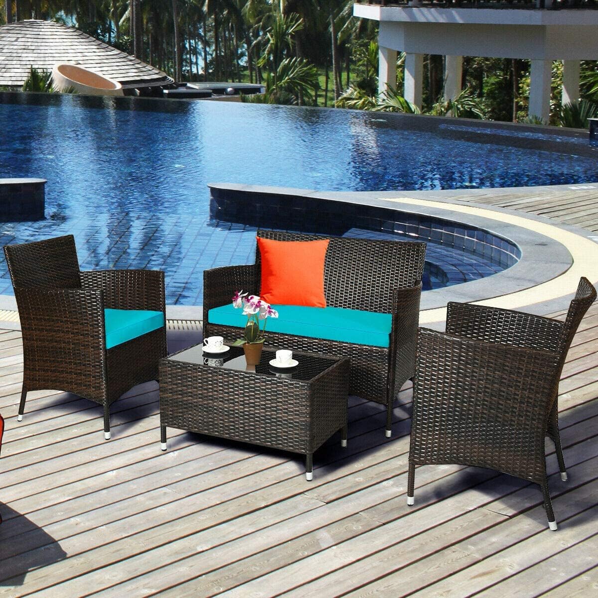 HAPPYGRILL 4-Piece Patio Furniture Set Rattan Wicker Conversation Set with Cushioned Sofa and Coffee Table for Outdoor Backyard Garden Poolside