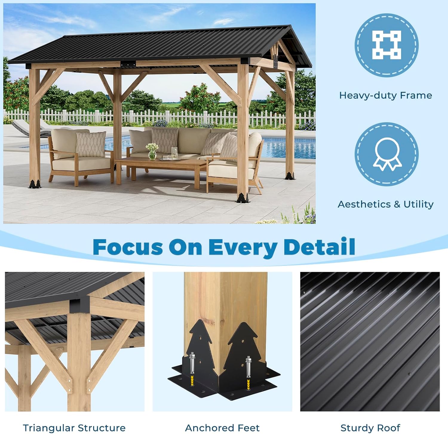 LVUYOYO 11' x 13' Wood Gazebo, Outdoor Hardtop Gazebo, Galvanized Steel Gable Roof Pergola, Outdoor Pavilion for Patio, Backyard, Garden, Deck