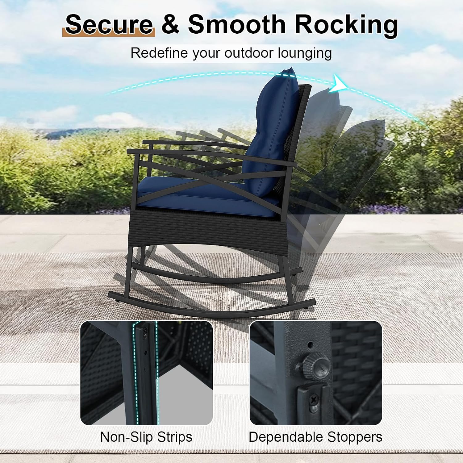 Tangkula 3 Pieces Outdoor Rocking Chairs Set, Rattan Heavy Duty Cushioned Rocker Chairs with 2-Tier Tempered Glass Coffee Table, for Garden, Balcony, Backyard (Black+Navy)