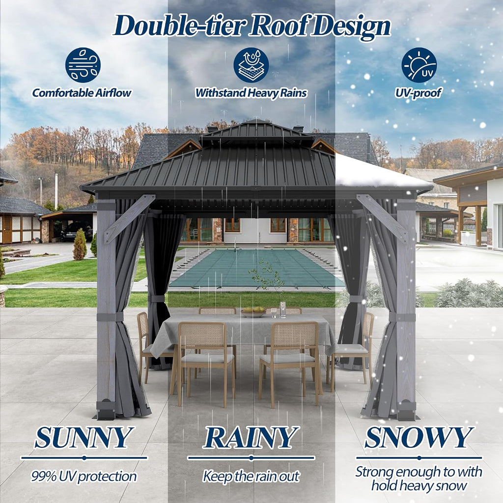 COVERONICS 8.5'x8.5' Outdoor Wood Gazebo - Hardtop Wooden Gazebo with Galvanized Steel Roof, Heavy-Duty Pavilion with Netting & Curtains for Garden, Poolside, Deck, Backyard