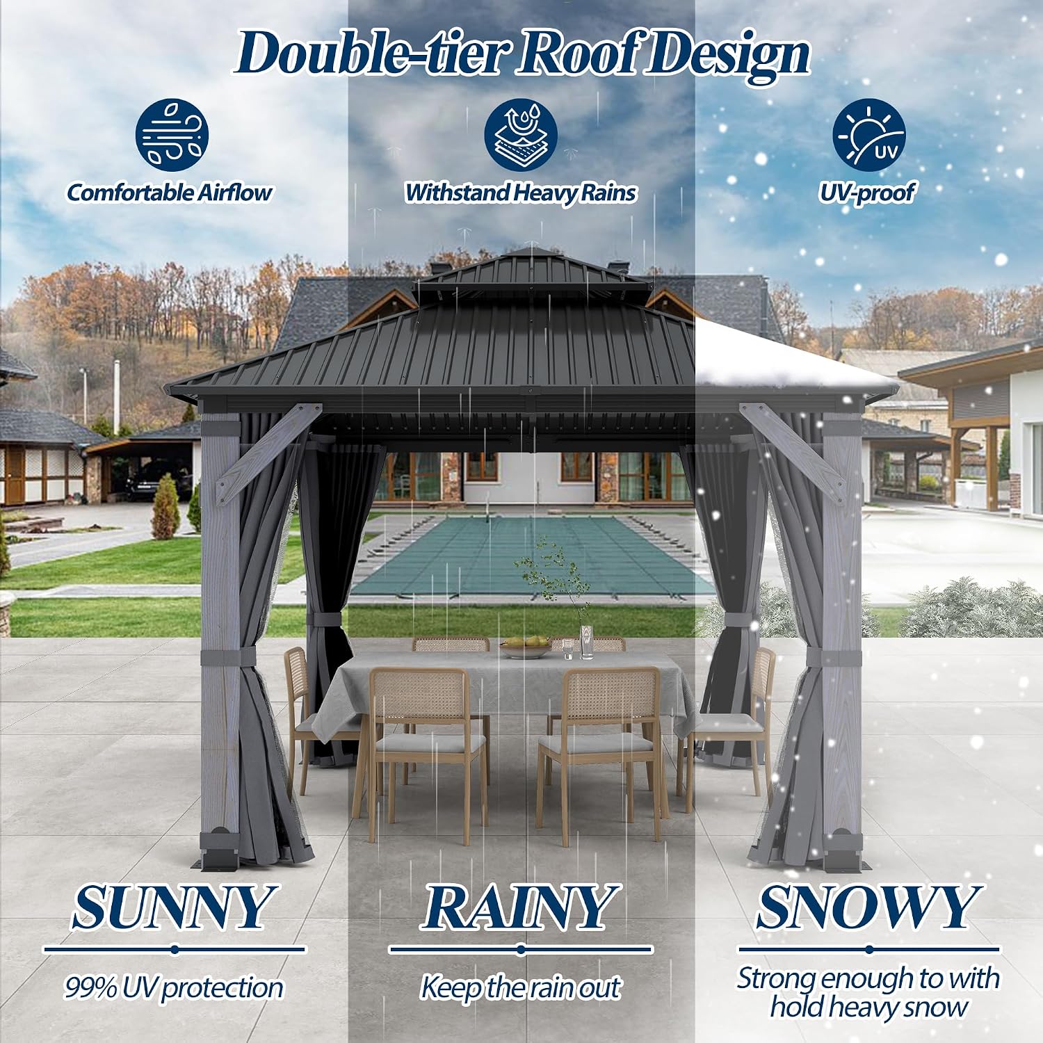 COVERONICS 8.5'x8.5' Outdoor Wood Gazebo - Hardtop Wooden Gazebo with Galvanized Steel Roof, Heavy-Duty Pavilion with Netting & Curtains for Garden, Poolside, Deck, Backyard