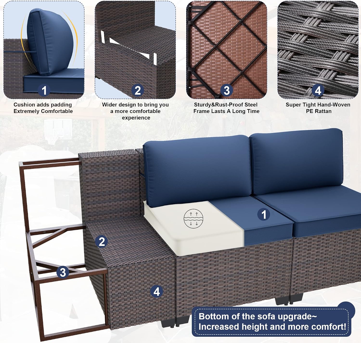 Kurapika 7 Pieces Patio Furniture Set, Rattan Wicker Outdoor Conversation Sets w/4 Inch Cushion and Glass Coffee Table(Navy Blue)
