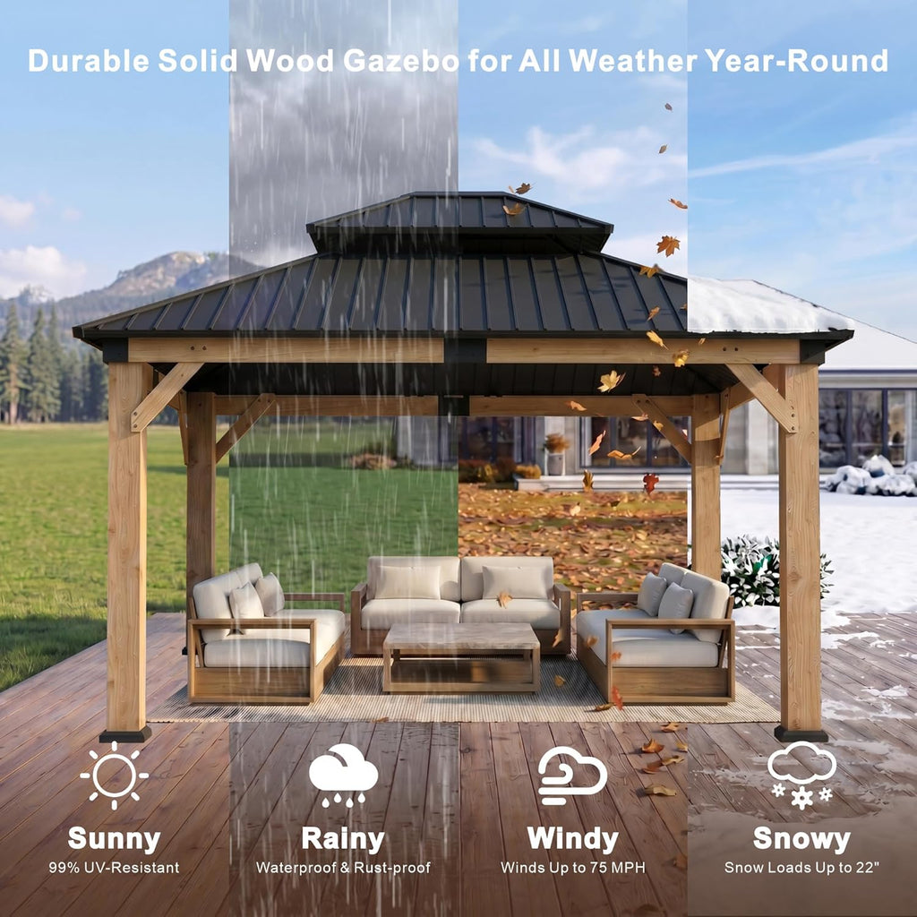 10' x 12' Wood Gazebo, Hardtop Gazebo Permanent Wooden Pavilion with Galvanized Steel Double Roof, Cedar Outdoor Gazebo with 4.72' Thick Posts for Patio, Backyard, Garden and Deck