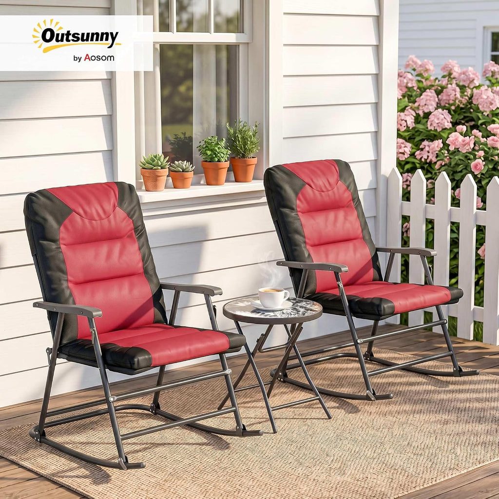Outsunny 3 Piece Outdoor Patio Furniture Set with Glass Coffee Table & 2 Folding Padded Rocking Chairs, Bistro Style for Porch, Camping, Balcony, Red