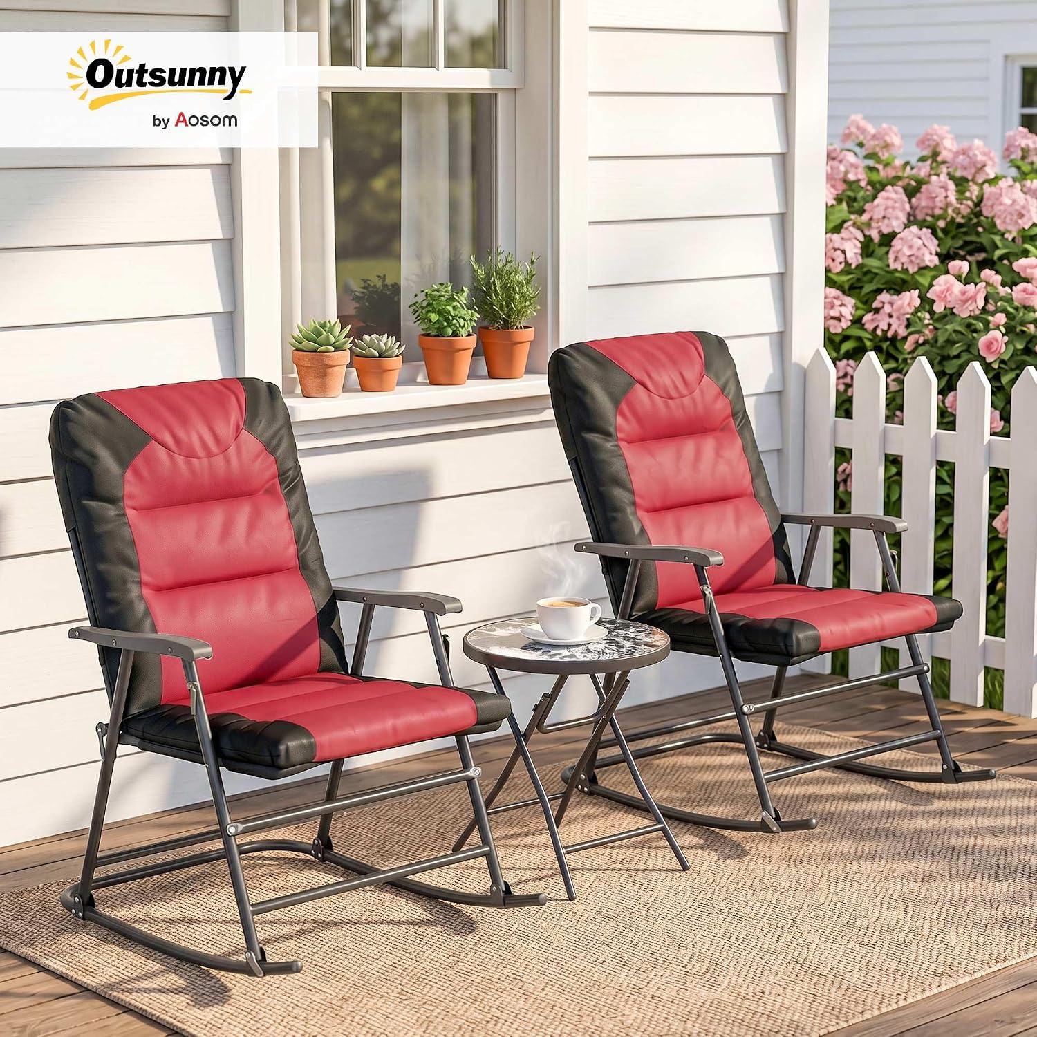 Outsunny 3 Piece Outdoor Patio Furniture Set with Glass Coffee Table & 2 Folding Padded Rocking Chairs, Bistro Style for Porch, Camping, Balcony, Red