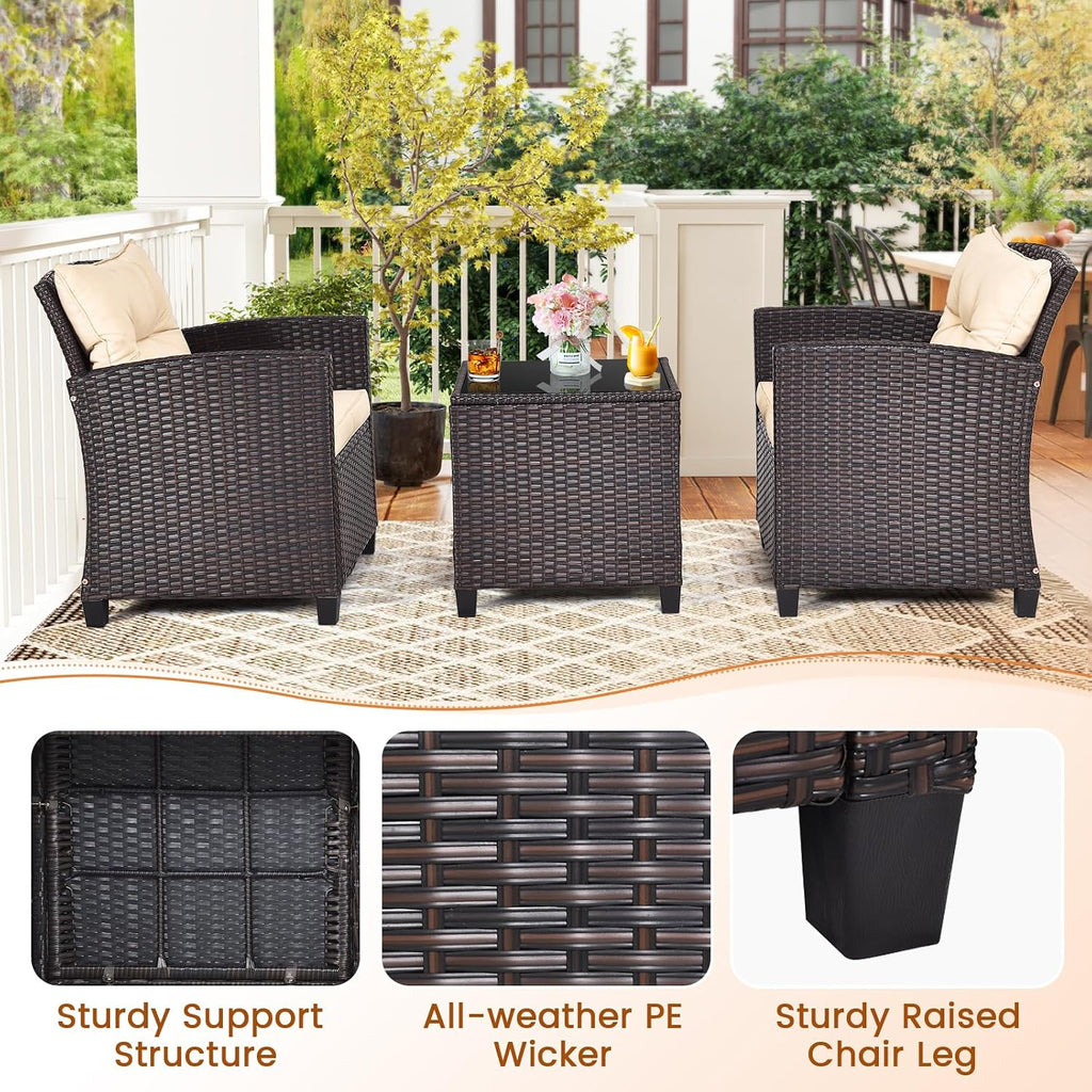 ORALNER 3 Pieces Patio Furniture Set, Outdoor Wicker Conversation Set Rattan Chairs with Cushions, Glass Coffee Table, Bistro Set for Front Porch Balcony Garden Deck Poolside (Beige)