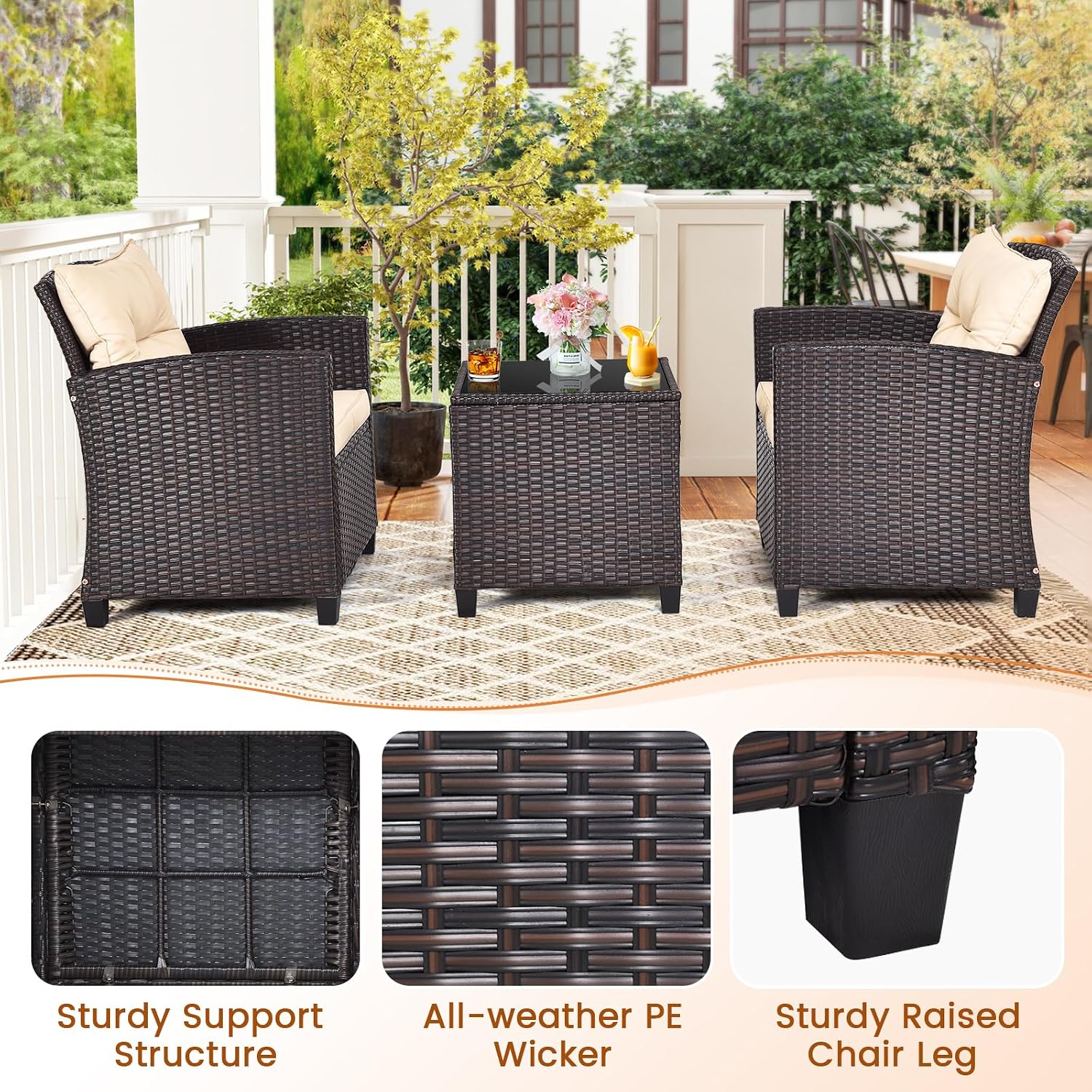 ORALNER 3 Pieces Patio Furniture Set, Outdoor Wicker Conversation Set Rattan Chairs with Cushions, Glass Coffee Table, Bistro Set for Front Porch Balcony Garden Deck Poolside (Beige)