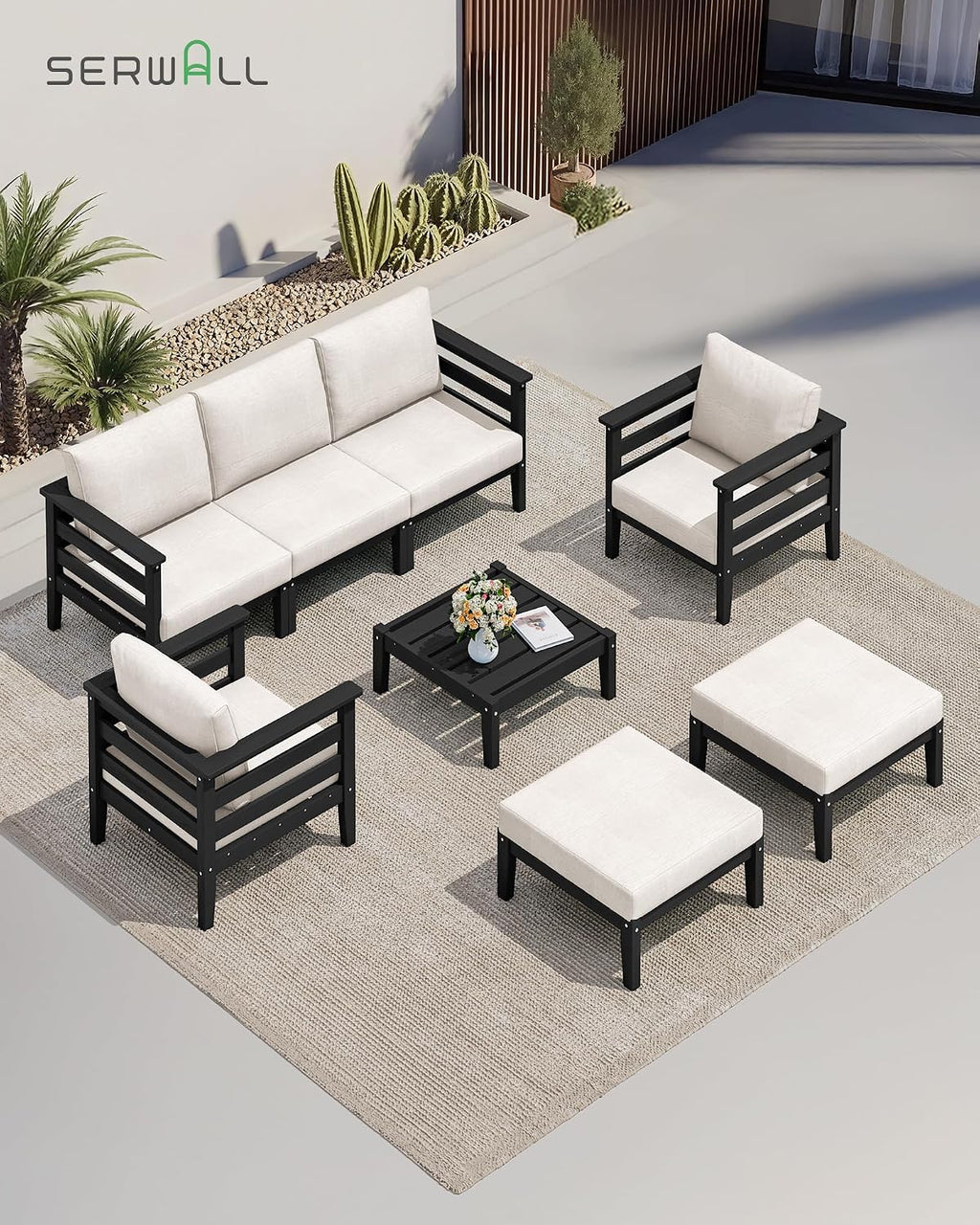 SERWALL HDPE Patio Furniture Set, 2 Pieces Outdoor Sectional Sofa Set, All-Weather Wood-Like Outdoor Loveseat for Deck, Lawn, Black Frame with Khaki Cushion
