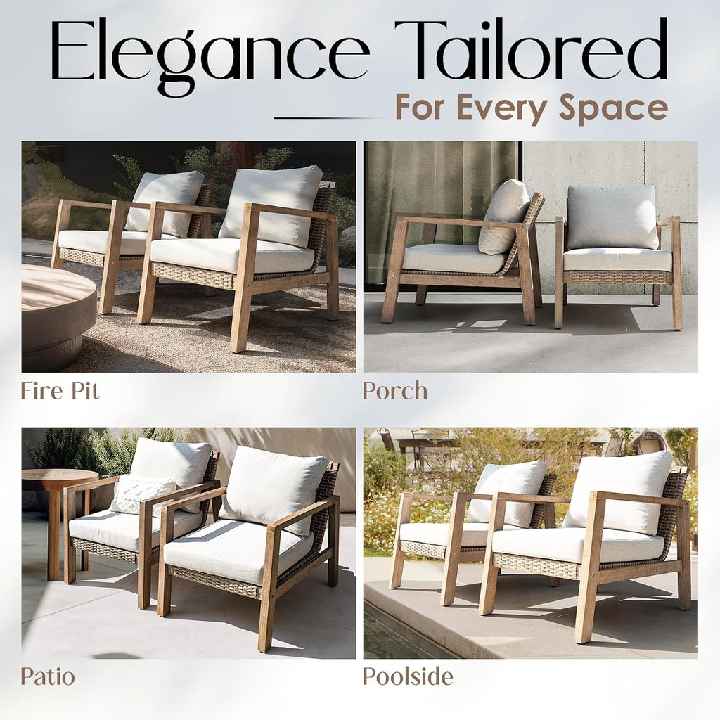 IDZO Olivier Premium Eucalyptus Outdoor Club Chairs Set of 2, 400lbs Heavy Duty Patio Furniture Set, Ergonomic Slanted Backrest Design, 4.5in Thick Cushion, Wood Wicker Silver Gray