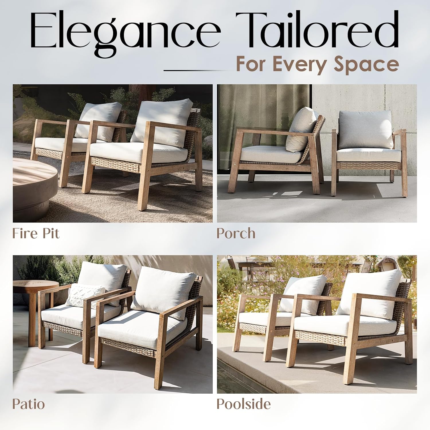 IDZO Olivier Premium Eucalyptus Outdoor Club Chairs Set of 2, 400lbs Heavy Duty Patio Furniture Set, Ergonomic Slanted Backrest Design, 4.5in Thick Cushion, Wood Wicker Silver Gray