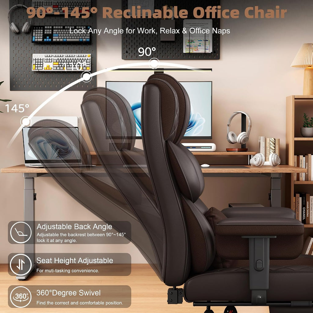 Vonesse Big and Tall Office Chair, Desk Chair with Soft Adjustable Armrests, Ergonomic High Back Gaming Chair with Lumbar Support, Executive Computer Chairs with Footrest (PU Leather, Brown)