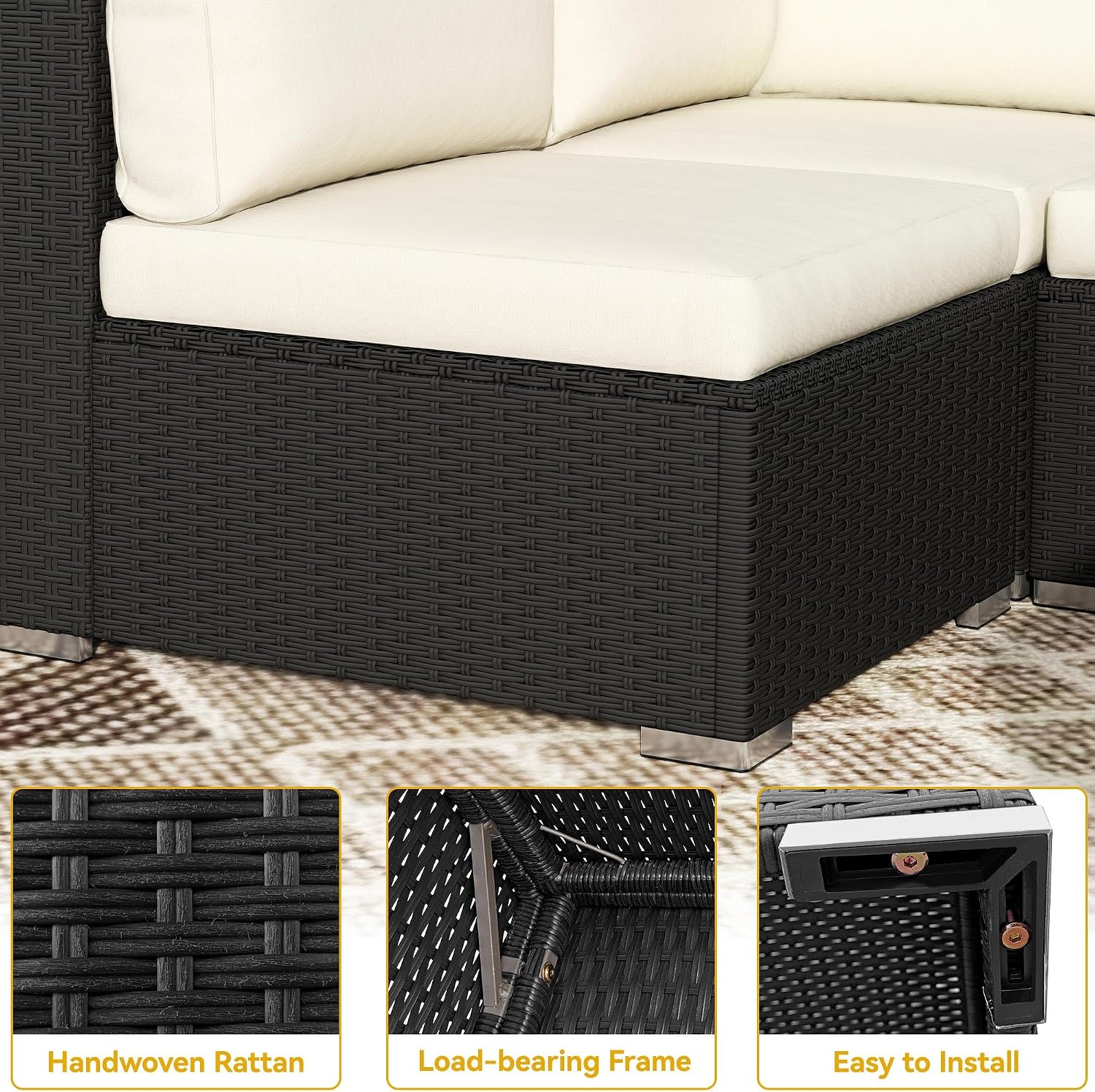 DWVO 7-Piece Patio Furniture Set, All-Weather PE Rattan Wicker Outdoor Sectional Sofa with Soft Cushions & Coffee Table, Patio Conversation Set for Backyard, Garden, Porch, Balcony (Beige+Black)