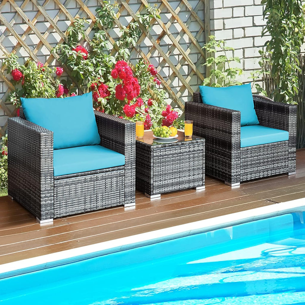 HAPPYGRILL 3 Piece Patio Conversation Set Outdoor Rattan Wicker Sofa Set with Coffee Table Patio Furniture Set with Soft Cushions for Balcony Porch Backyard Garden