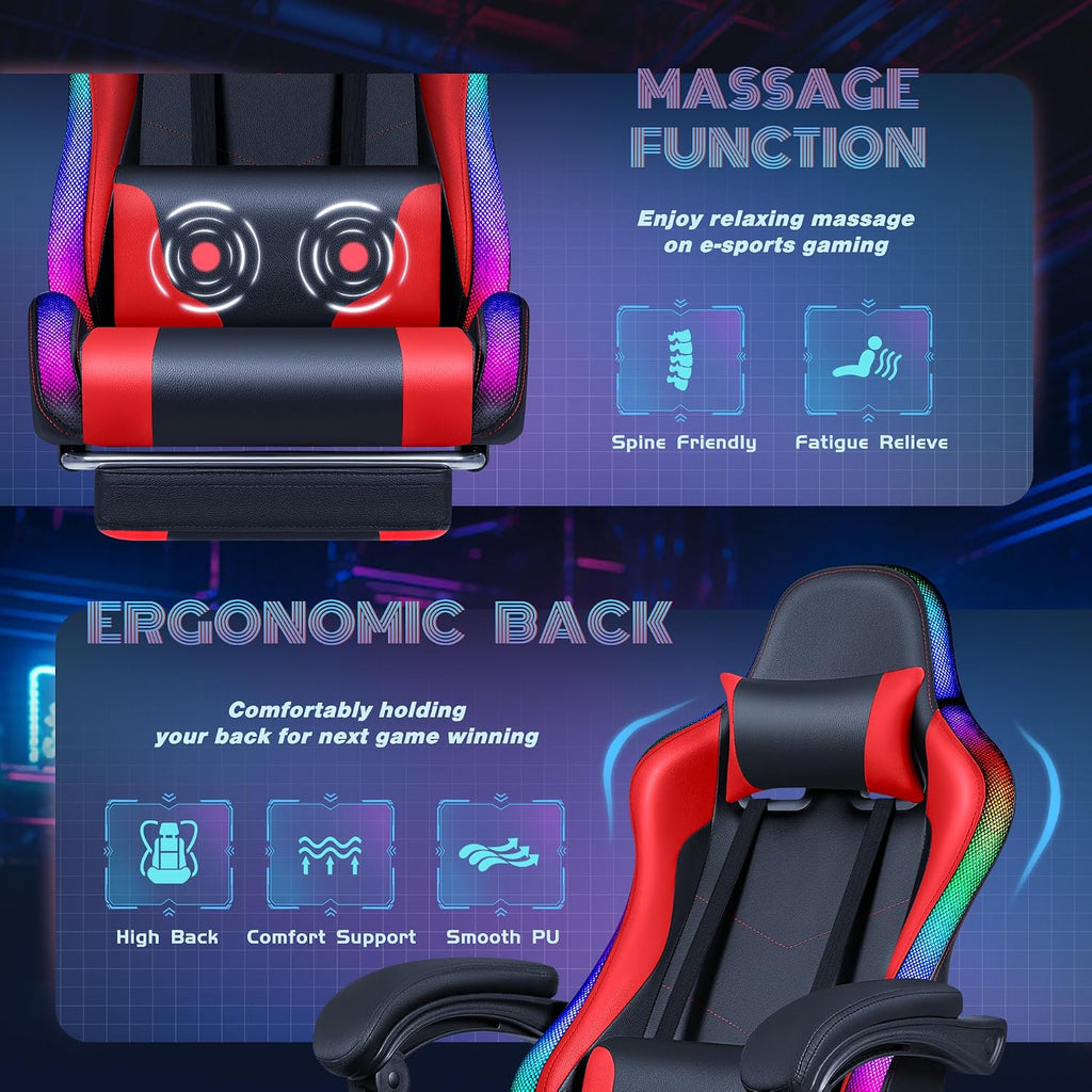 Furmax Gaming Chair with RGB LED Lights, Video Game Chair with Footrest and Massage Lumbar Support, High Back Reclining Computer Chair with Headrest, Swivel Seat Gamer Chair (LED Red)