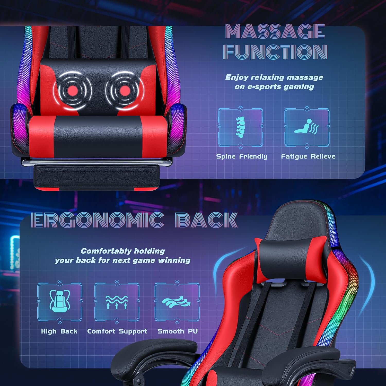 Furmax Gaming Chair with RGB LED Lights, Video Game Chair with Footrest and Massage Lumbar Support, High Back Reclining Computer Chair with Headrest, Swivel Seat Gamer Chair (LED Red)