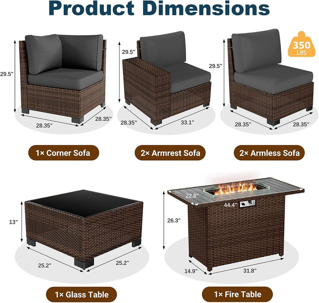 Patio Furniture Set with Fire Pit Table, 7 Piece Outdoor Sectional Conversation Sets Wicker Rattan Sectional Sofa with Coffee Table for Patio Garden Backyard, 4'' Thickened Cushion Dark Grey