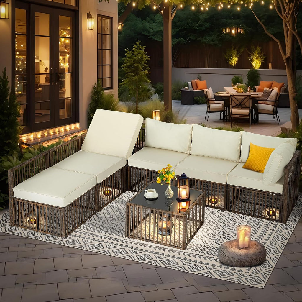 FHFO 7 Pieces Outdoor Patio Furniture Set, Wicker Outdoor Sectional Conversation Couch Set with Adjustable Backrest Sofa, Thick Cushion & Coffee Table for Garden, Porch, Poolside, Brown/Beige