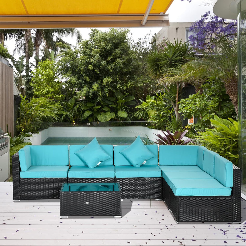 Outsunny 7-Piece Patio Furniture Sets Outdoor Wicker Conversation Sets All Weather PE Rattan Sectional Sofa Set with Cushions & Tempered Glass Desktop, Turquoise