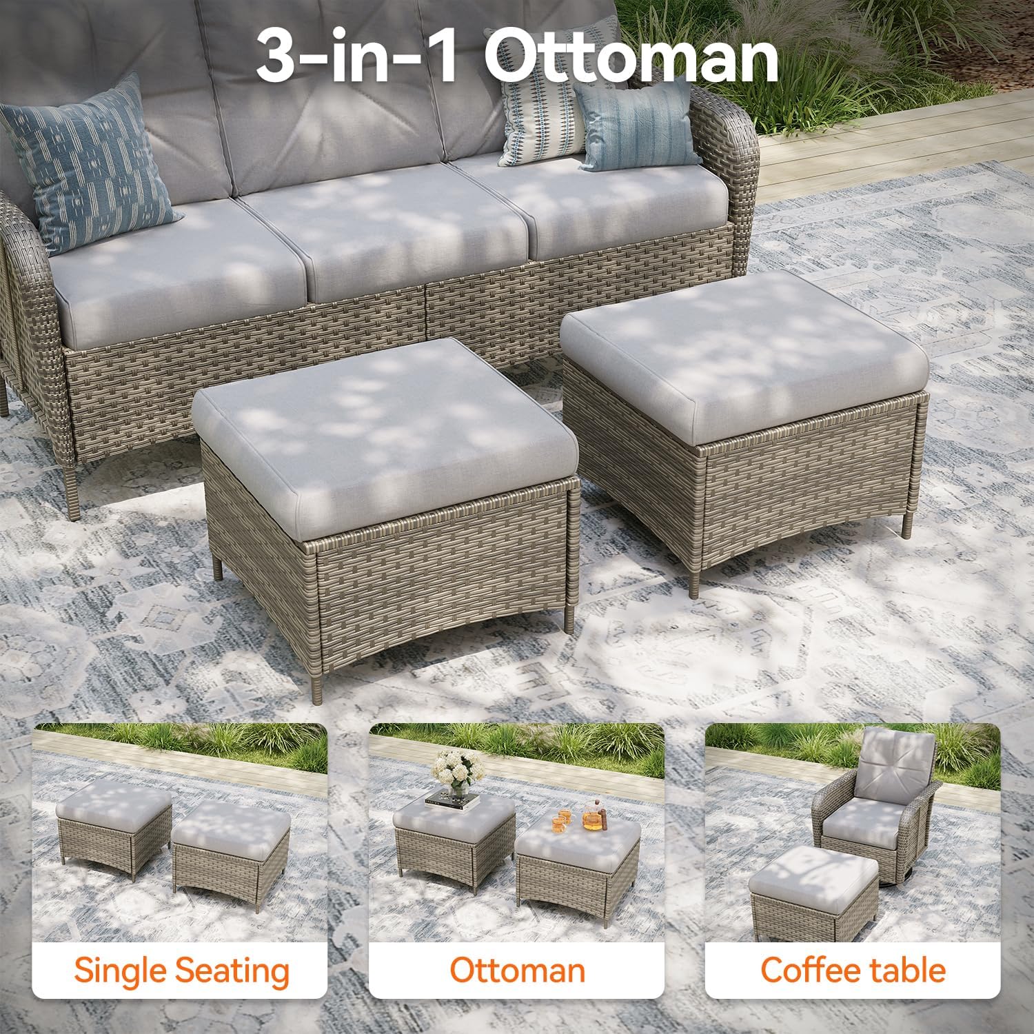 Aoxun Luxury 9-Piece Patio Furniture Set, 360° Swivel Chairs, Wicker Rattan Sofa with Thick Cushion, Outdoor Conversation Set for Backyard, Poolside & Garden, Beige/Gray