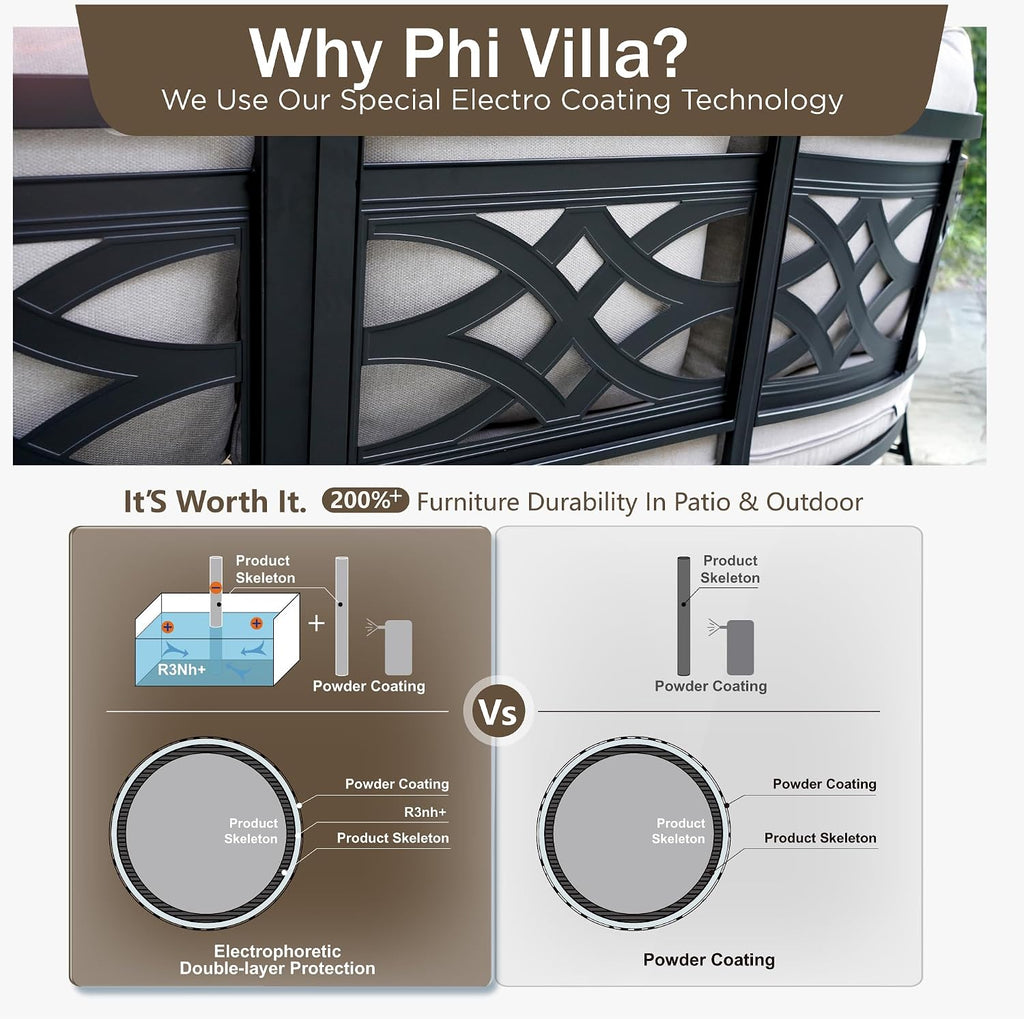 PHI VILLA Patio Sofa Outdoor Furniture, All-Weather Rattan & Metal 2 Seater Sofa with Cushions & Lumbar Pillows, Arm Lounge Loveseat for Patio, Balcony, Backyard, Deck, Poolside