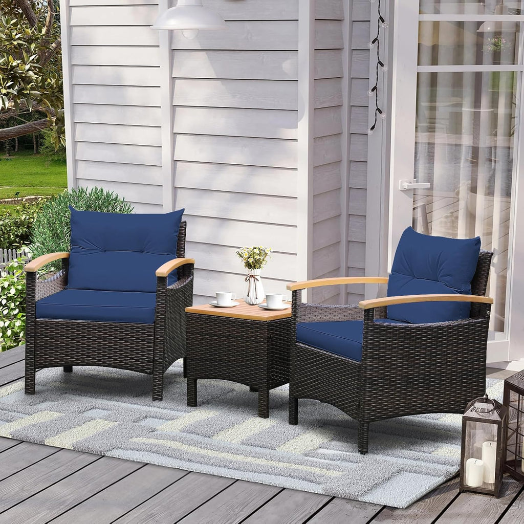 Tangkula 3-Piece Patio Furniture Set, Patiojoy Outdoor Rattan Sofa Set with Coffee Table, Patio Conversation Set with Removable Cushion, Cozy Acacia Wood Armrests for Backyard, Poolside (Navy)