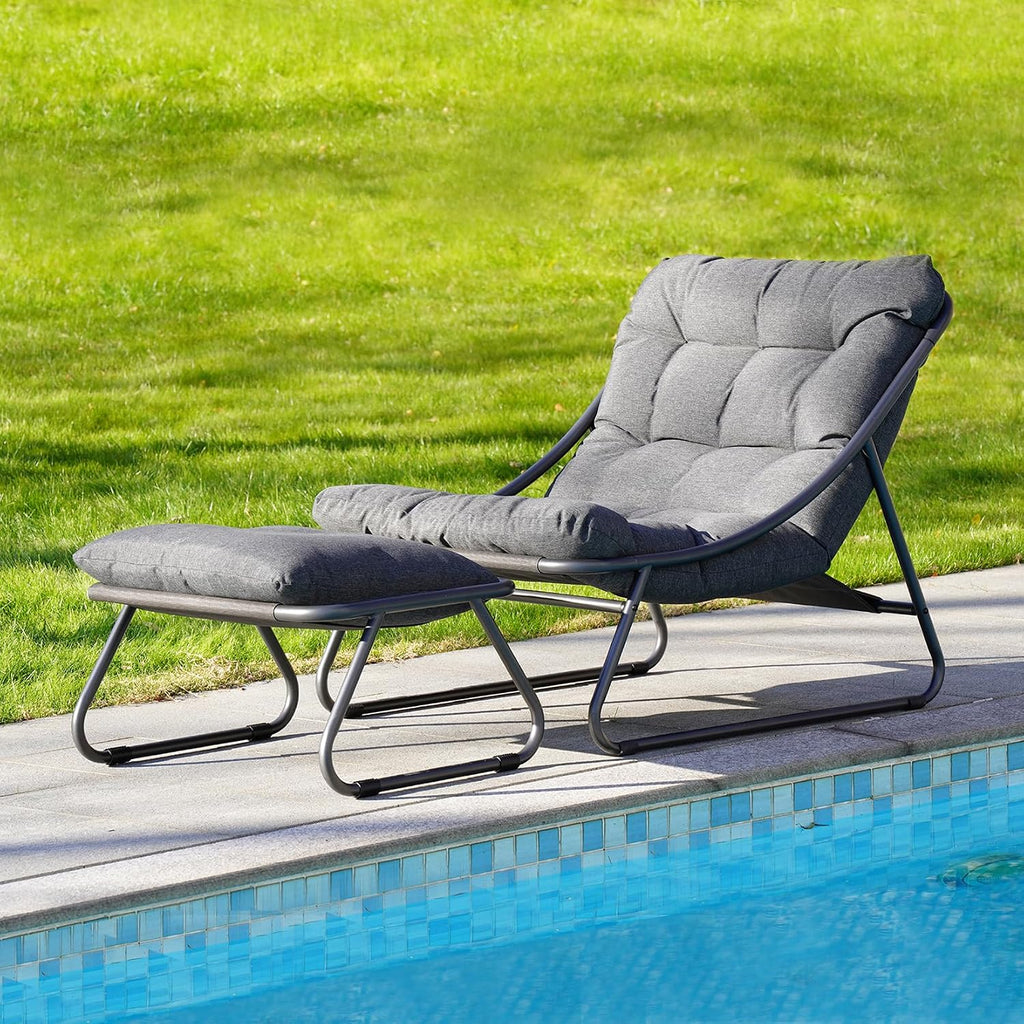 Grand patio Outdoor Chair with Ottoman, Comfy Lounge Chair with Puffy Cushion and Foot Rest, Modern Metal Chair for Patio Porch Deck Living Room, Dark Gray