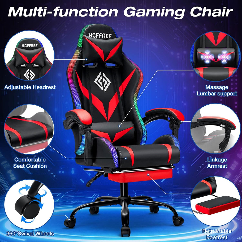 RGB Gaming Chair with Massage and LED Lights Ergonomic Computer Chair with Footrest High Back Video Game Chair with Adjustable Lumbar Support Linkage Armrest Red and Black