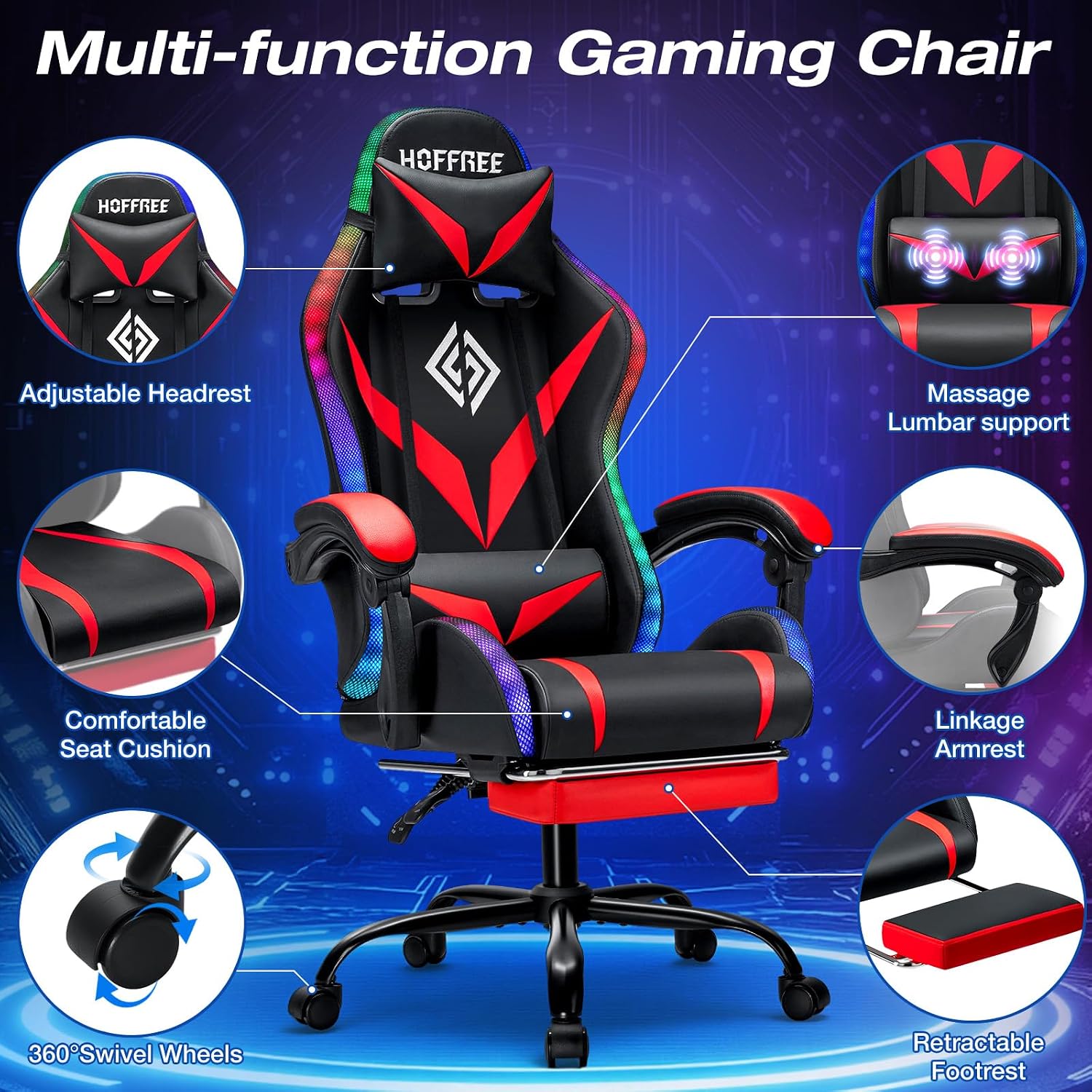 RGB Gaming Chair with Massage and LED Lights Ergonomic Computer Chair with Footrest High Back Video Game Chair with Adjustable Lumbar Support Linkage Armrest Red and Black