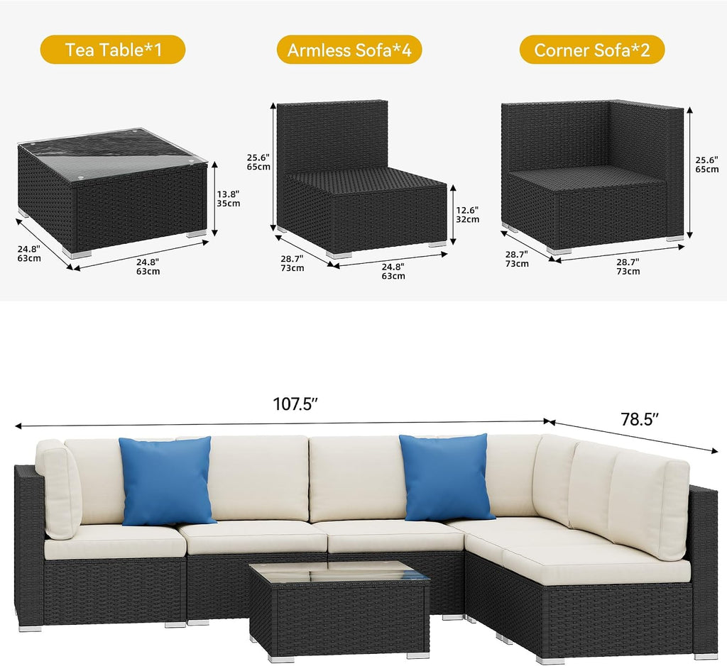 YITAHOME 7 Pieces Outdoor Patio Furniture Set, Sectional Sofa PE Rattan Wicker Conversation Set Outside Couch w/Table and Cushions for Porch Lawn Garden Backyard, Black