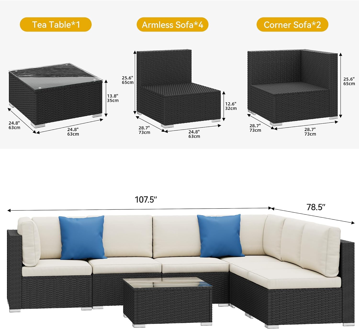 YITAHOME 7 Pieces Outdoor Patio Furniture Set, Sectional Sofa PE Rattan Wicker Conversation Set Outside Couch w/Table and Cushions for Porch Lawn Garden Backyard, Black