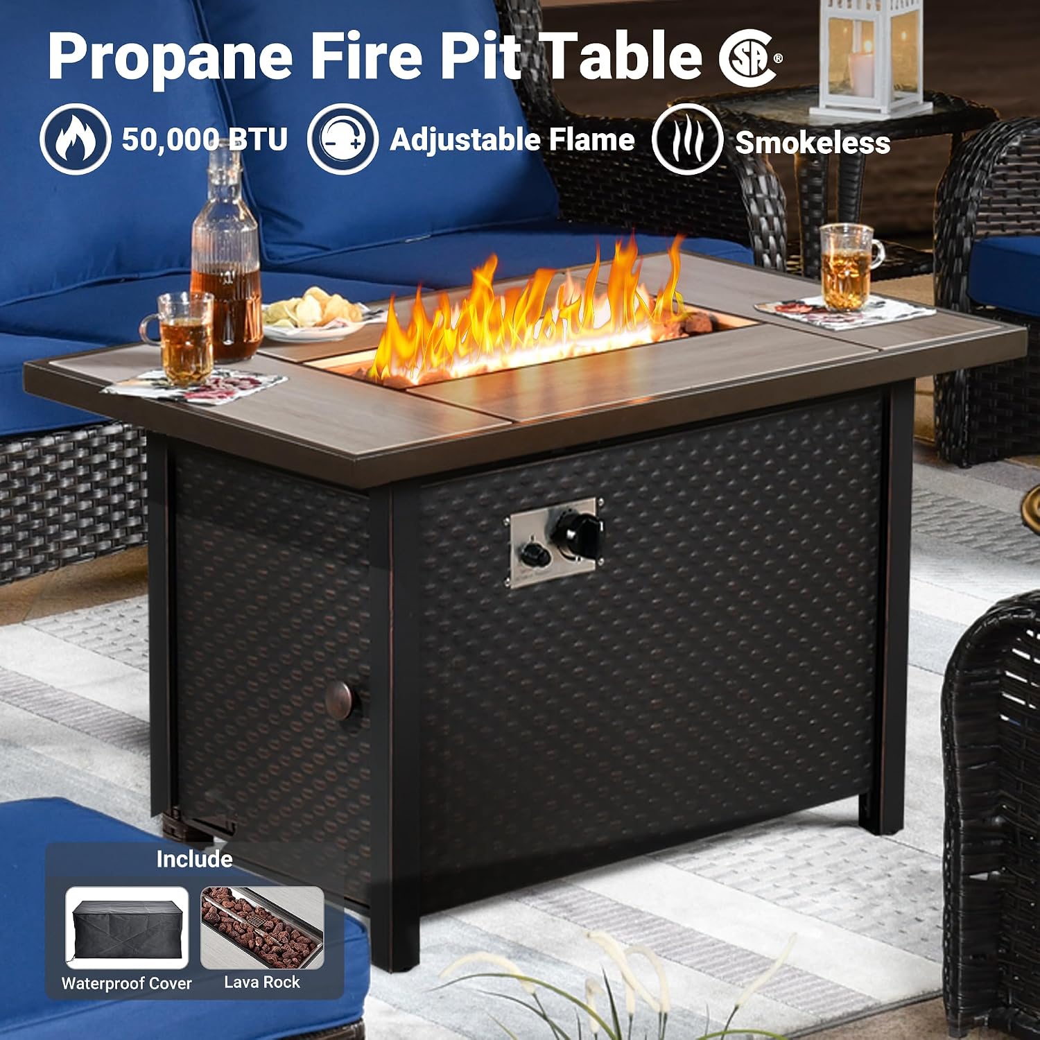 ovios 7 Pieces Patio Furniture Set with 42 inch Fire Pit Table, Outdoor Wicker Sofa Couch Swivel Rocking Glider Chairs, Modern Luxury Conversation Set, Brown Wicker, Navy Blue