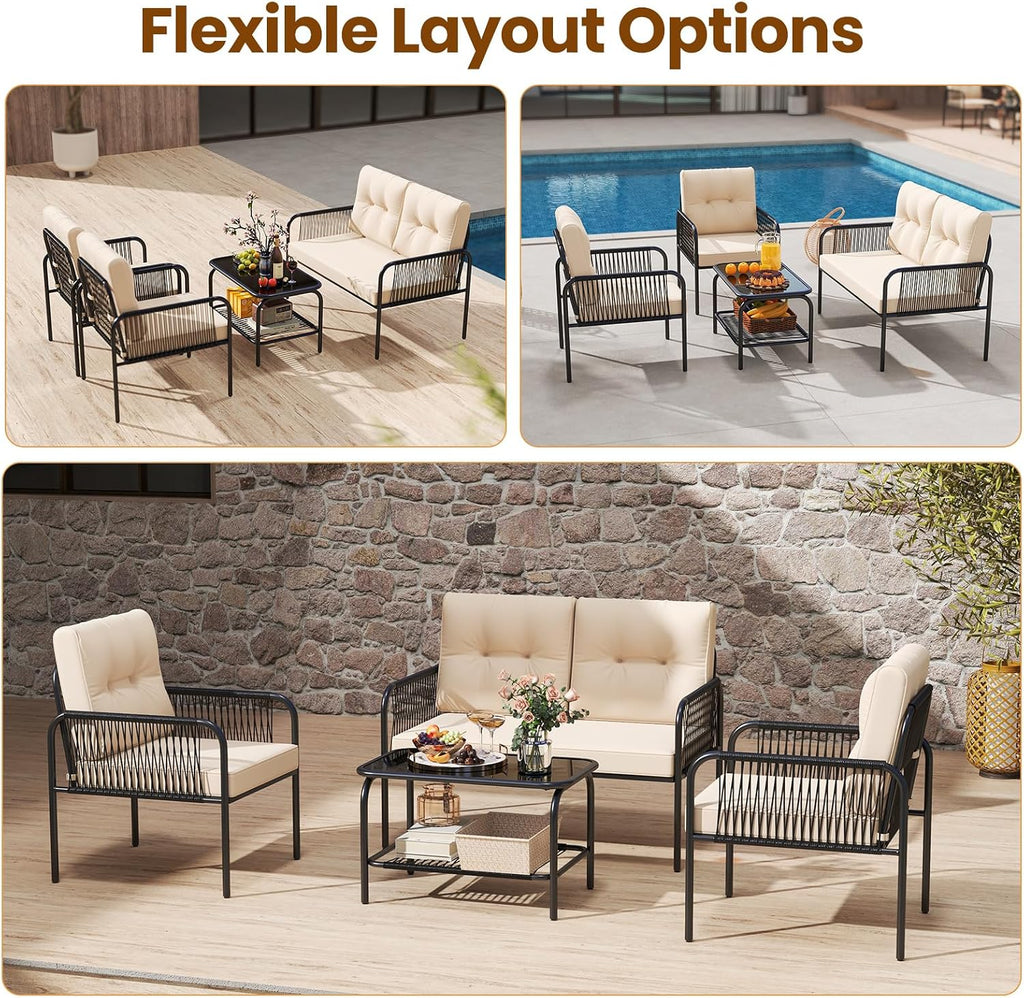 Tangkula 8 Pieces Patio Furniture Set, PE Rattan Sofa Chairs with Loveseat, Tempered Glass Coffee Table and Soft Cushions, Outdoor Conversation Set for Porch, Backyard, Garden and Poolside