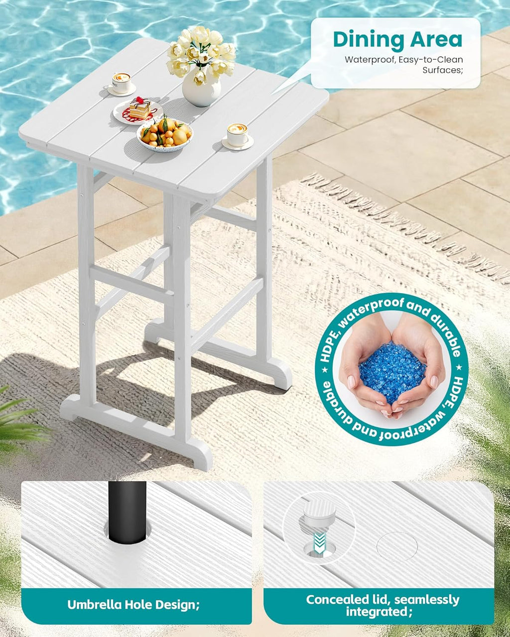 SERWALL 6 Pieces Outdoor Patio Bar Set with 9ft Umbrella, Outdoor HDPE Barstool and Table Furniture Set with Patio Umbrella, White