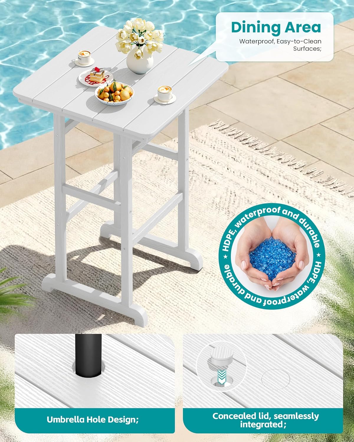 SERWALL 6 Pieces Outdoor Patio Bar Set with 9ft Umbrella, Outdoor HDPE Barstool and Table Furniture Set with Patio Umbrella, White