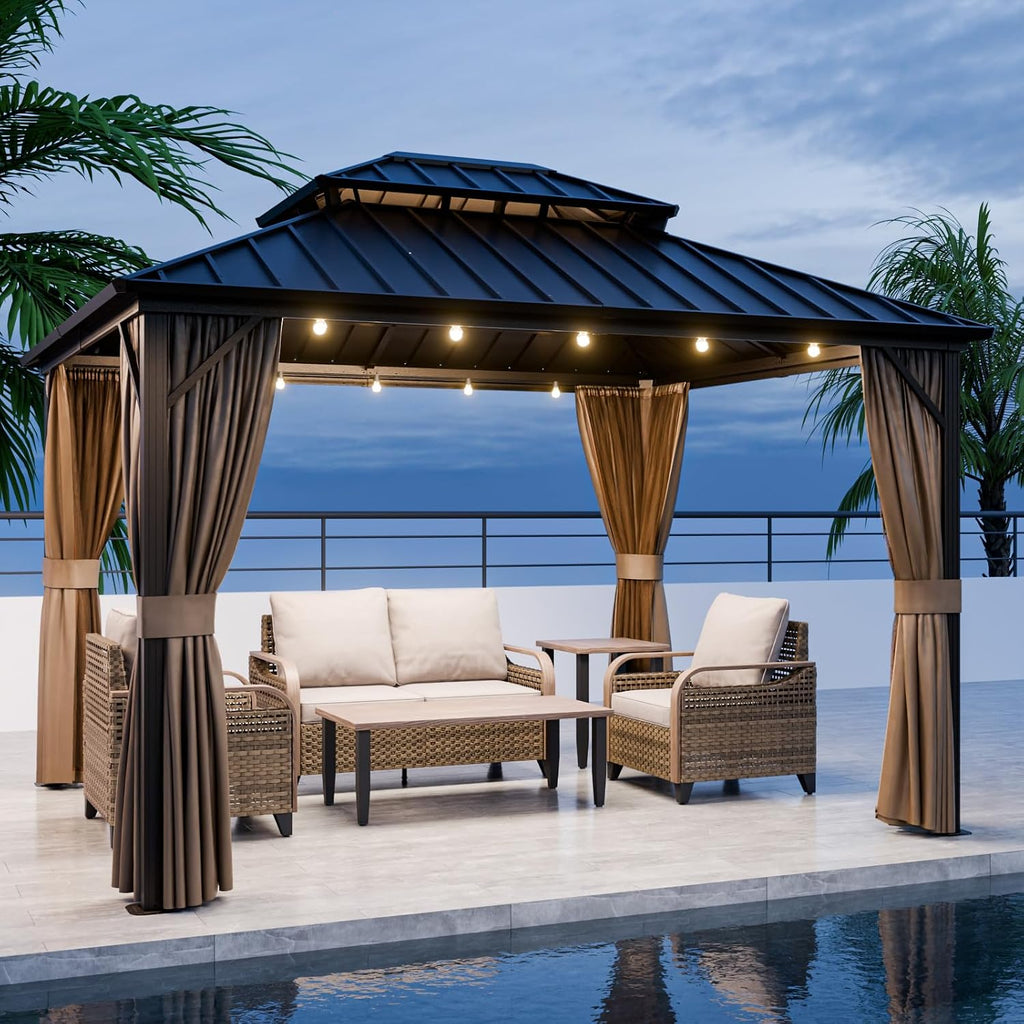 EAGLE PEAK 12x10 Hardtop Gazebo, Galvanized Steel Double Roof with Aluminum Frame, Outdoor Pavilion with Netting and Curtains for Patio, Deck, Lawn and Garden, Dark Brown/Tan