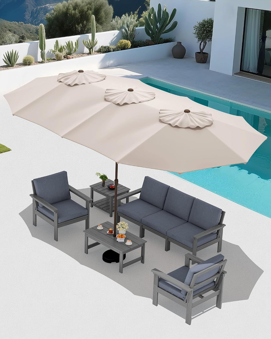SERWALL HDPE Patio Furniture Set with 15FT Patio Umbrella, 7-piece Outdoor Sectional Sofa Set, All Weather Patio Couch Set for Deck, Gray &Gray (Umbreall Base not Included)