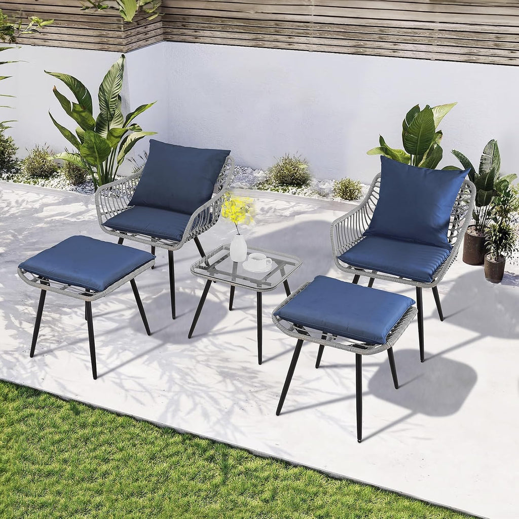FHFO 5 Piece Outdoor Patio Furniture Set, Rattan Balcony Furniture with Ottomans, Wicker Bistro Table and Chairs Footrest for Patio, Garden, Porch, Backyard, Poolside(Gray-Blue)
