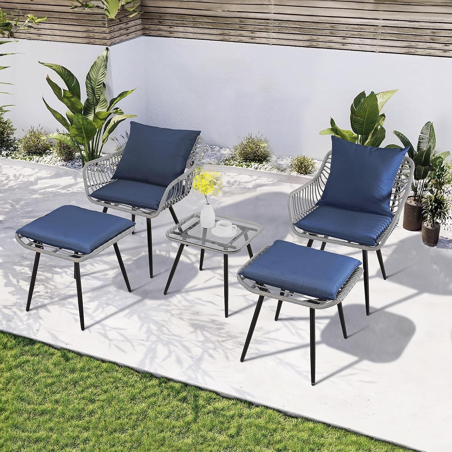 FHFO 5 Piece Outdoor Patio Furniture Set, Rattan Balcony Furniture with Ottomans, Wicker Bistro Table and Chairs Footrest for Patio, Garden, Porch, Backyard, Poolside(Gray-Blue)