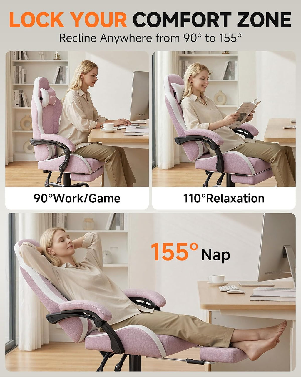 GTPLAYER Gaming Chair with Footrest, Computer Gaming Chair for Adults and Kids, Height Adjustable Gamer Chair with 90-155° Recline & Removable Headrest Lumbar Support,Linen Fabric Pink